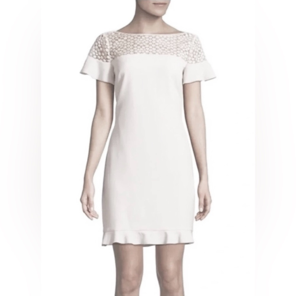 Karl Lagerfeld Paris White Lace Yoke Shift Dress with Gold Zipper